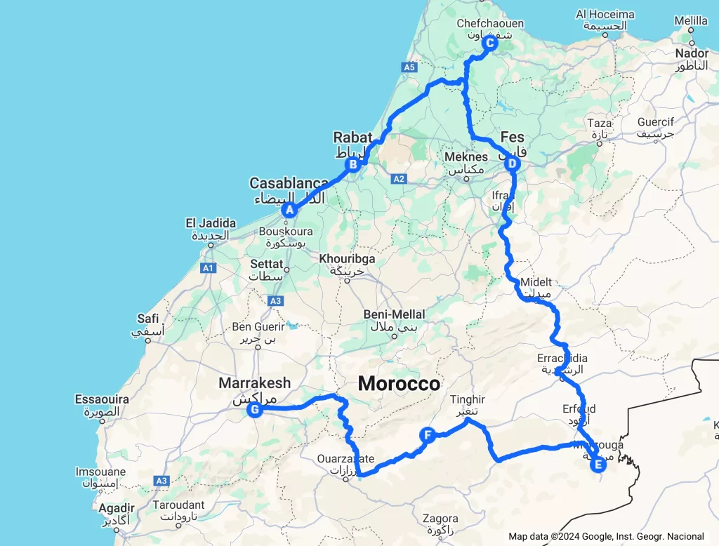 10 Days Morocco Tour From Casablanca map