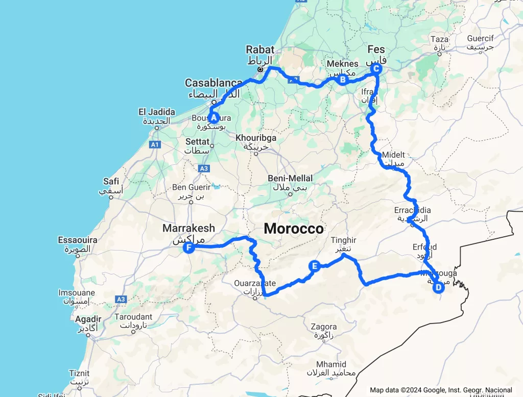 6 days morocco tour from Casablanca map
