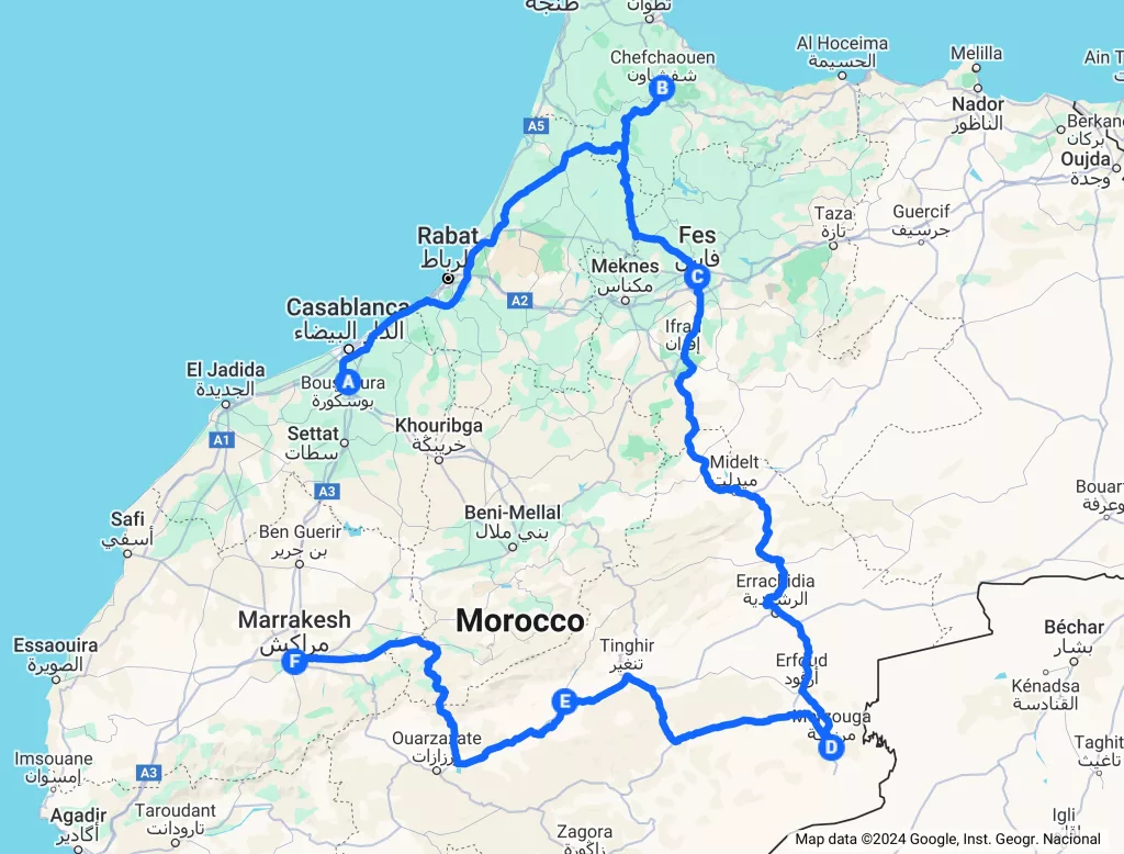 6 days tour from casablanca map