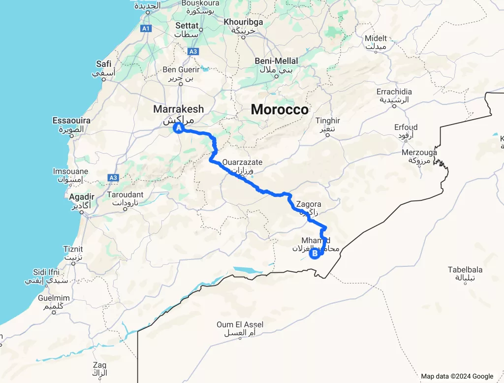 2 Day Desert Tour From Marrakech To Erg Chigaga map