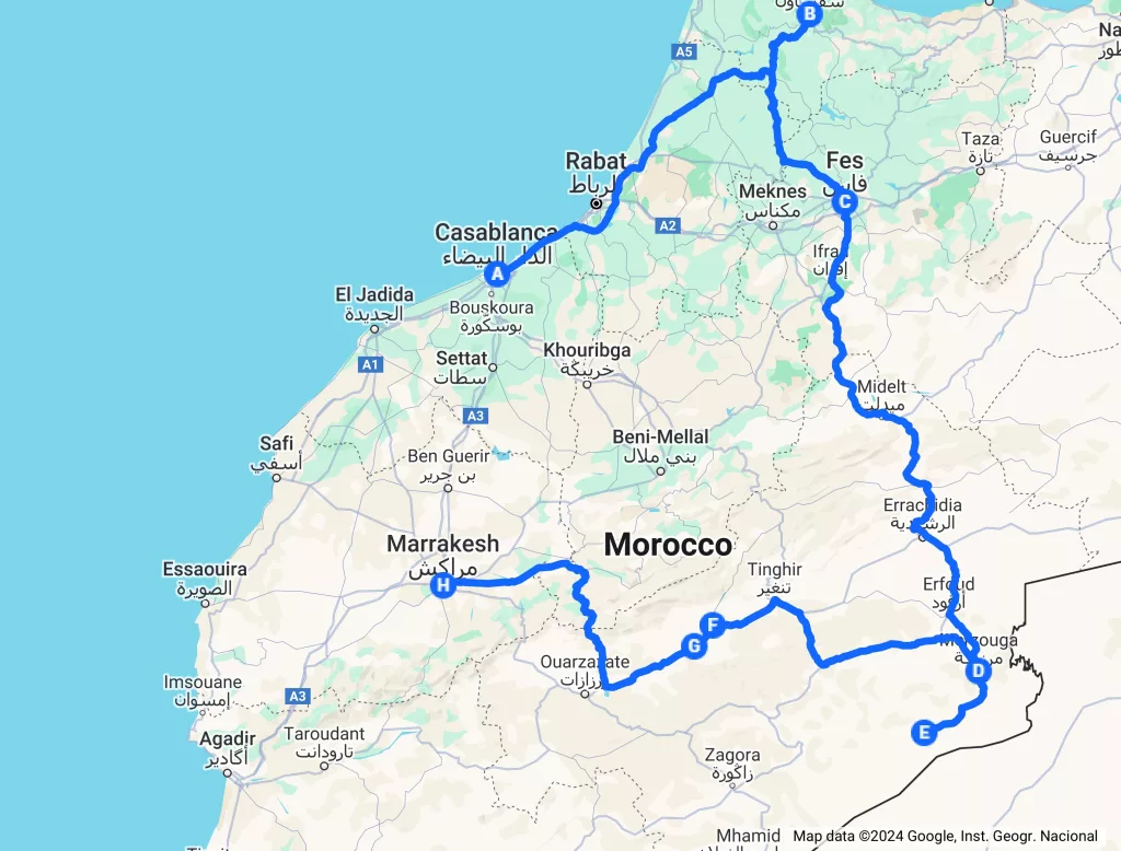 Morocco Itinerary In 12 Days map